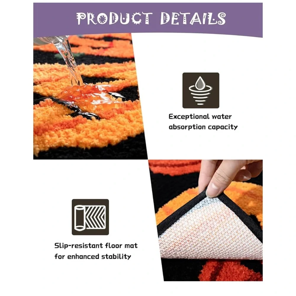Festive Pumpkin Halloween Door Kitchen Bathroom Mat - Black and Orange Decor